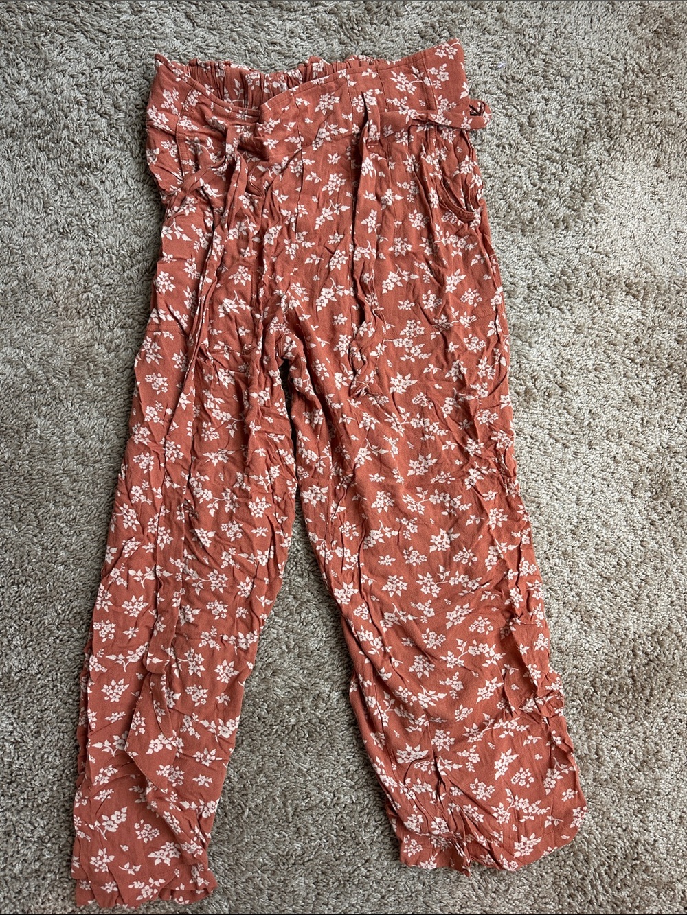Floral Paperbag Waist Wide-Leg Jumpsuit Pants - Rust